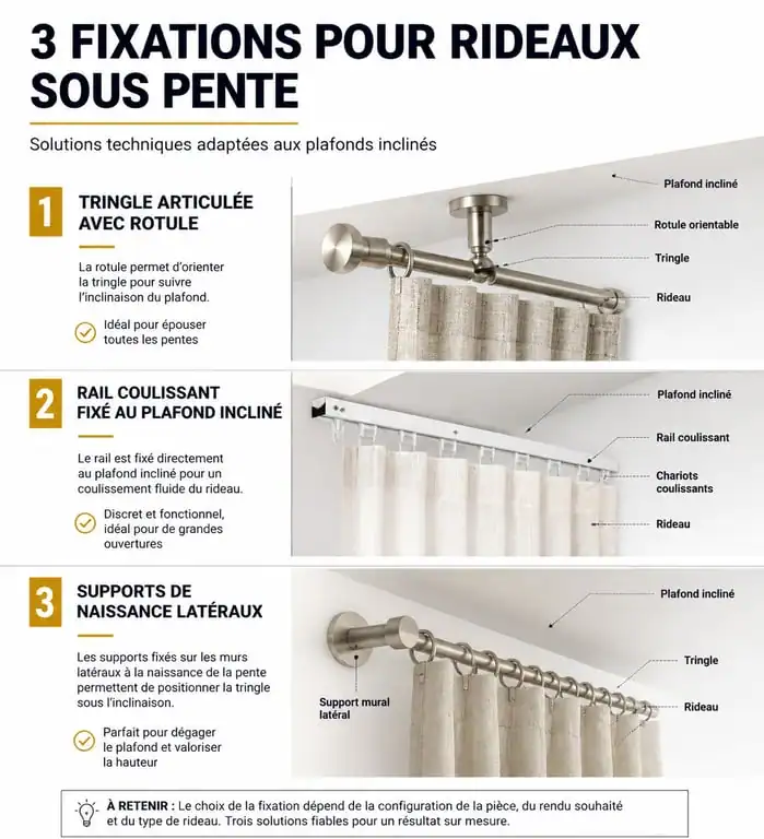 Schéma des solutions de fixation pour tringle rideau sous pente