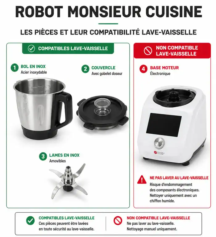 Infographie des pièces du robot Monsieur Cuisine compatibles avec le lave-vaisselle