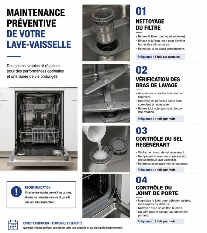 Infographie sur l'entretien et la prévention des pannes de lave-vaisselle
