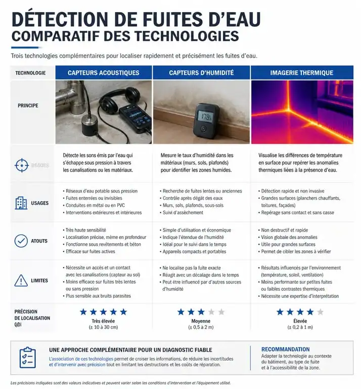 Infographie comparative des technologies de détecteur de fuites d'eau : acoustique, humidité et thermique