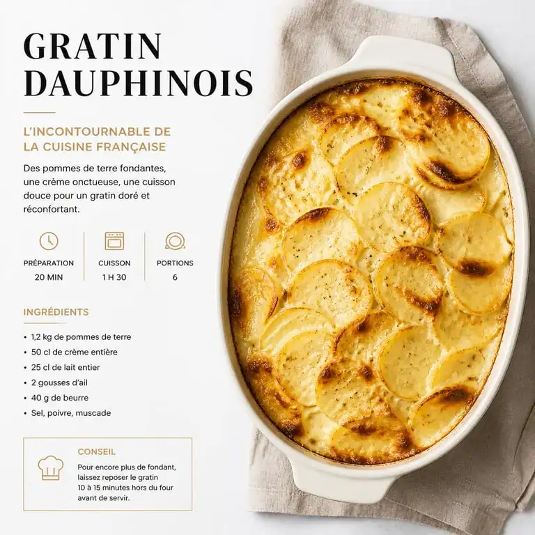 Gratin dauphinois traditionnel préparé avec 1 kg de pommes de terre