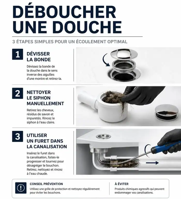 Infographie des étapes pour déboucher une douche et nettoyer le siphon