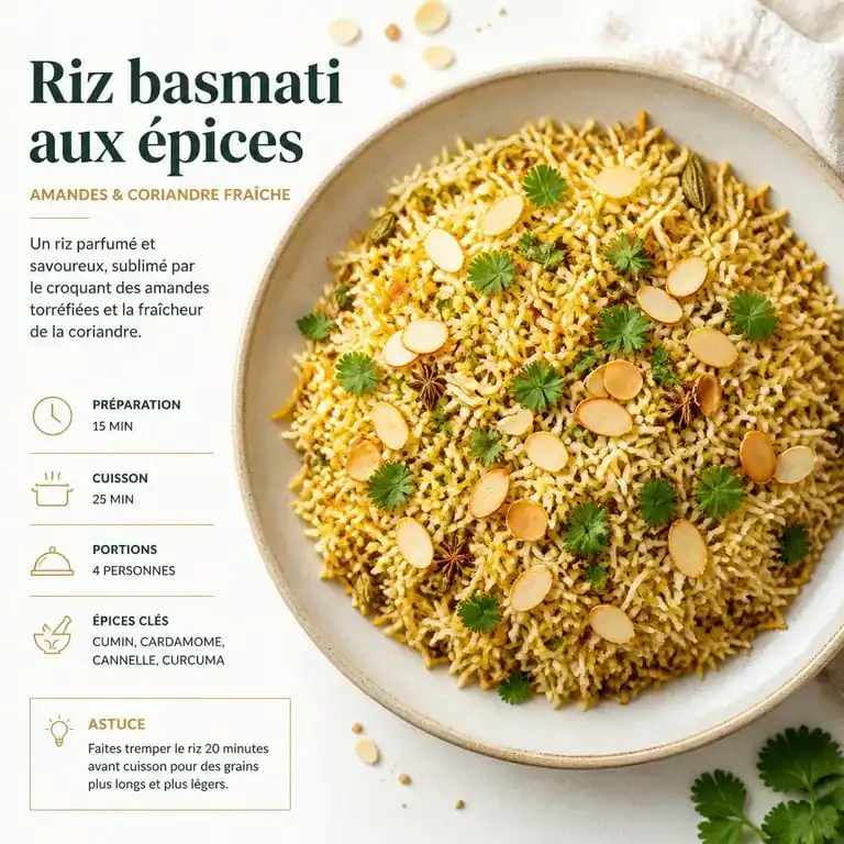 Recette de riz basmati aux épices et amandes en accompagnement