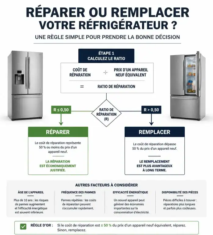Infographie aide à la décision : réparer ou remplacer son réfrigérateur en panne