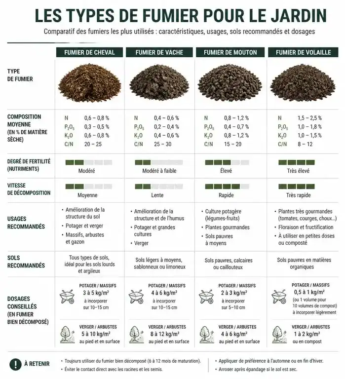 Infographie comparative des types de fumier pour le potager : cheval, vache, mouton et volaille.