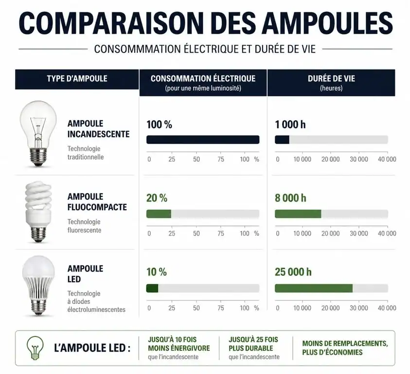 Comparatif des technologies d'ampoule économique : LED, fluocompacte et incandescente