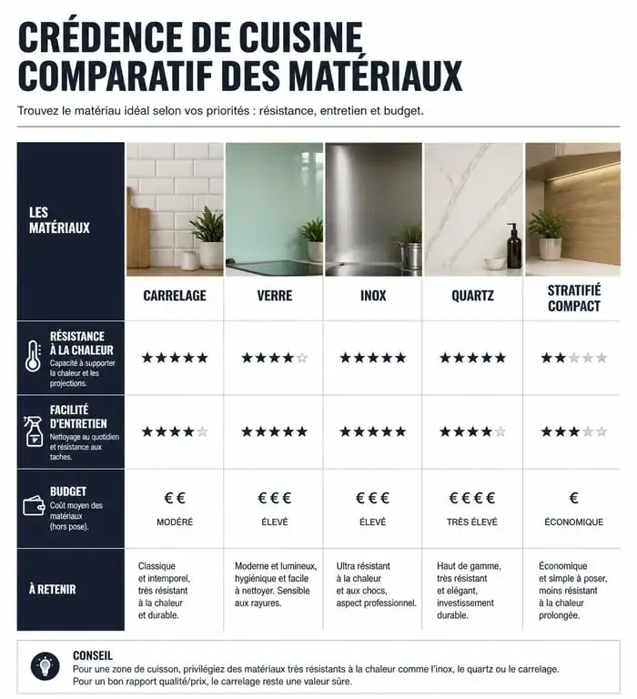 Comparatif des matériaux pour choisir sa crédence de cuisine : inox, verre, carrelage, stratifié.