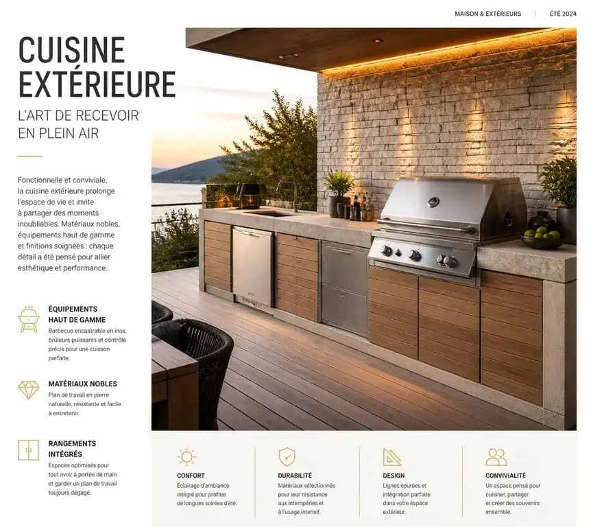 Cuisine extérieure avec barbecue encastrable et plan de travail en pierre pour un aménagement de jardin moderne
