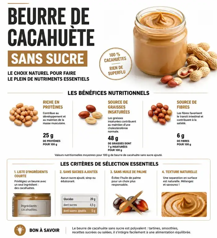 Infographie des bienfaits et critères de choix du beurre de cacahuète sans sucre ajouté