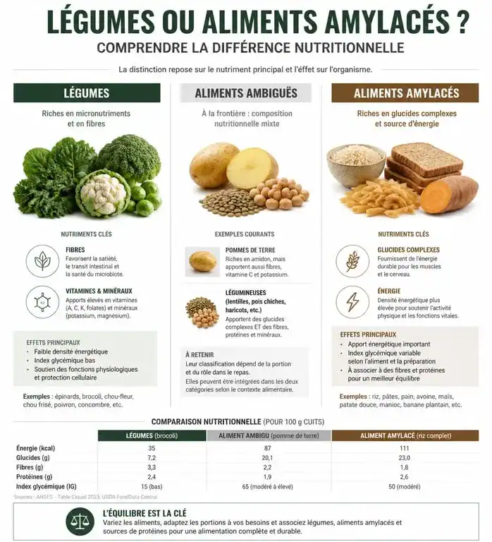 Infographie comparative : distinction entre légumes et féculents pour une alimentation équilibrée