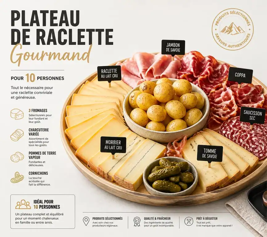 Plateau de raclette pour 10 personnes avec assortiment de fromages et charcuterie