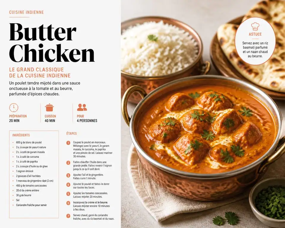 Butter Chicken indien traditionnel servi avec riz basmati et naan pour un repas indien complet