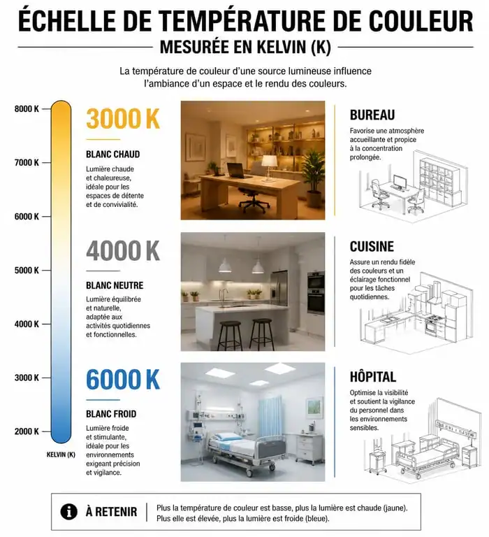 Infographie des températures de couleur Kelvin pour luminaire faux plafond