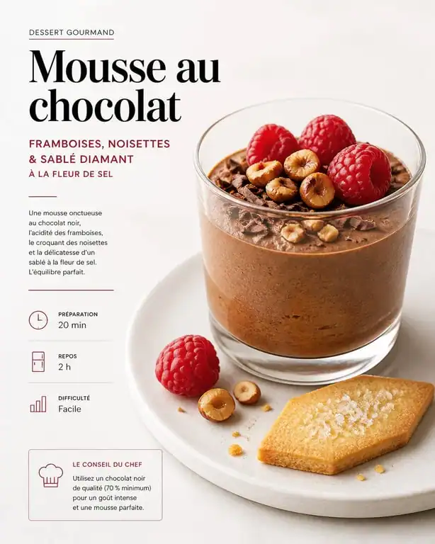 Mousse au chocolat accompagnée de framboises et sablés pour un dessert gourmand