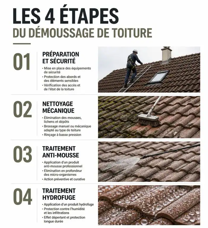 Infographie des étapes du démoussage de toiture pour un exemple de devis