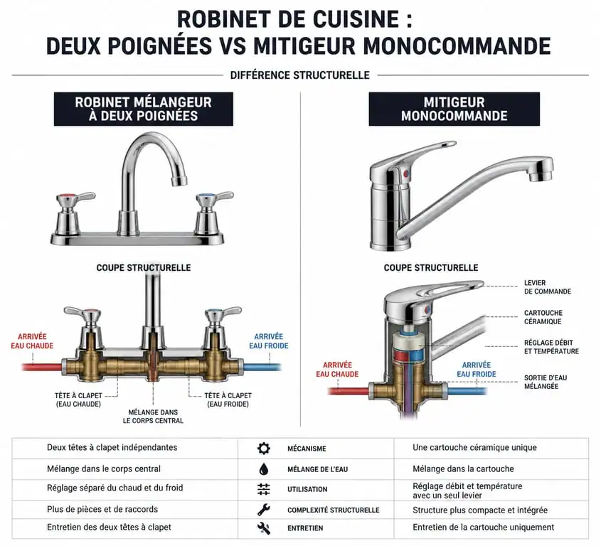 Schéma comparatif entre un robinet mélangeur de cuisine et un mitigeur pour aider au choix.