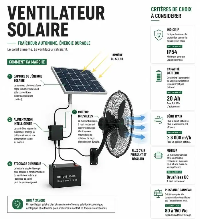 Infographie explicative sur le fonctionnement et les critères de choix d'un ventilateur panneau solaire