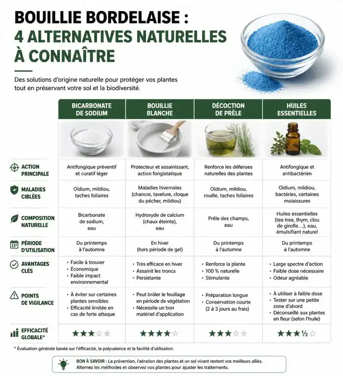 Infographie comparative des alternatives naturelles à la bouillie bordelaise pour le jardin