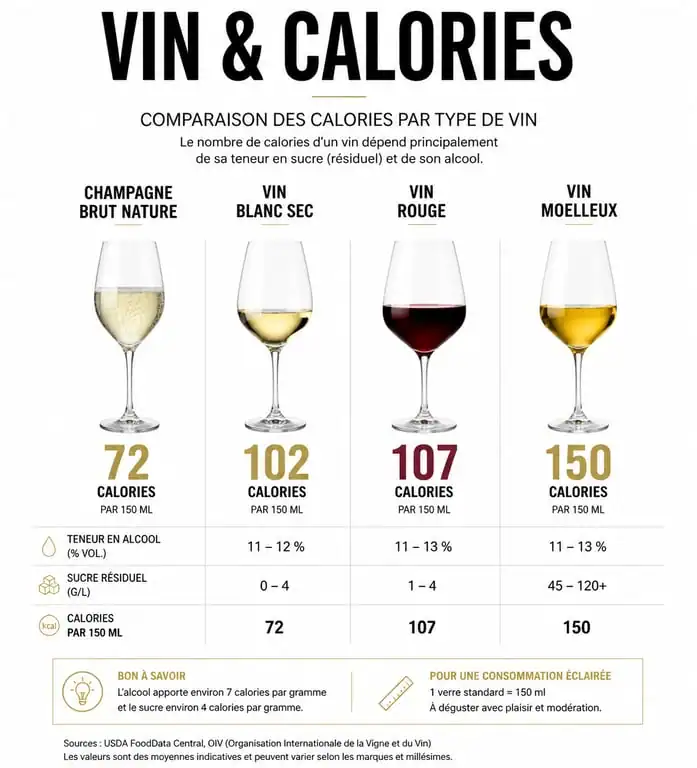 Infographie comparative des calories par type de vin pour choisir le vin le moins calorique