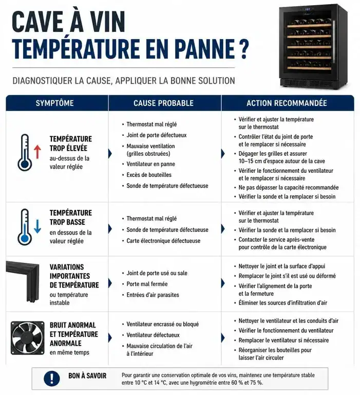 Infographie résumant les causes et solutions pour un problème de température dans une cave à vin