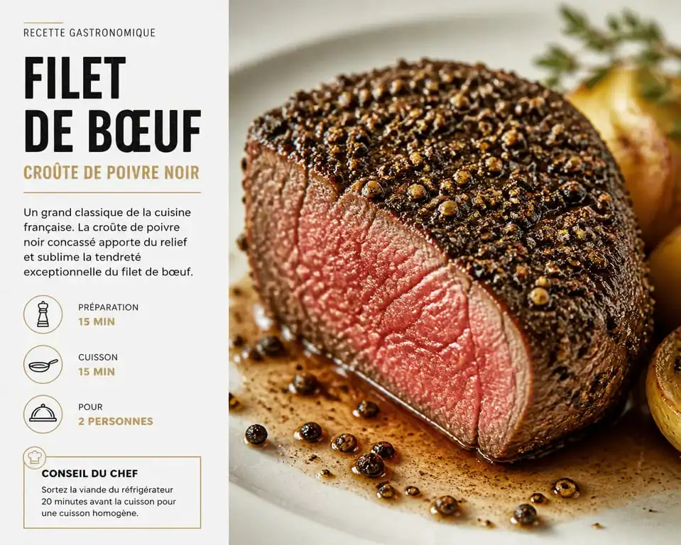 Filet de bœuf au poivre noir en grain concassé, recette gastronomique