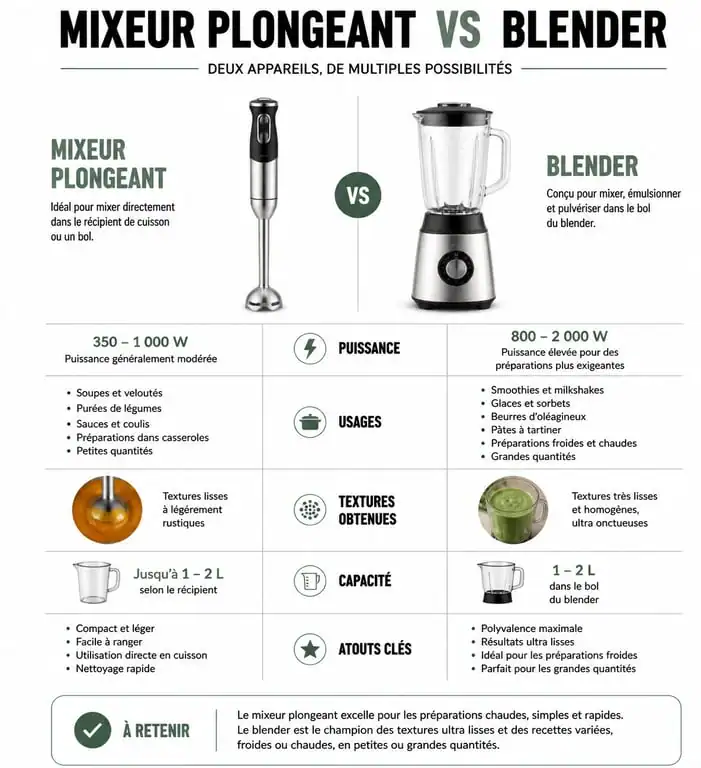 Comparatif visuel des différences entre un mixeur plongeant et un blender pour la cuisine