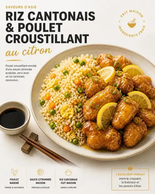 Riz cantonais accompagné de poulet croustillant au citron, une idée de plat complet savoureux.