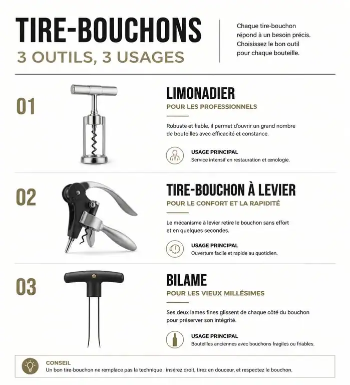 Infographie comparative des types de tire-bouchons pour choisir le meilleur tire bouchon selon vos besoins