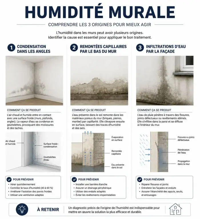 Schéma explicatif des causes d'humidité sur un mur pour aider à diagnostiquer le problème