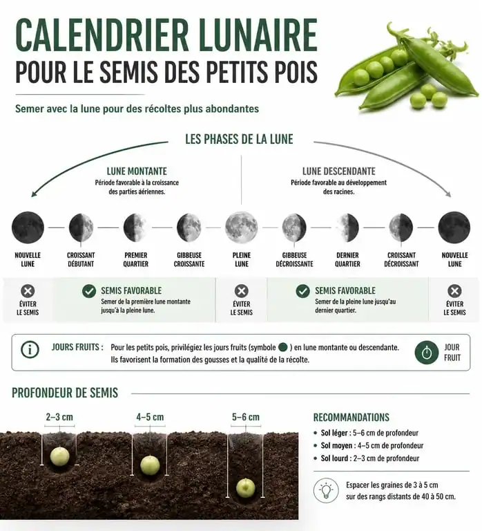 Infographie explicative sur le semis des petits pois avec la lune montante et les jours fruits