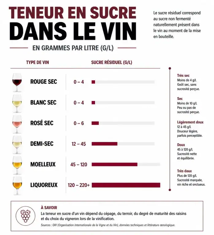 Infographie comparative de la teneur en sucre dans un verre de vin selon le type de vin pour mieux comprendre l'impact nutritionnel