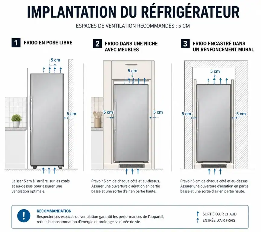 Schéma des méthodes d'intégration d'un frigo américain dans une cuisine