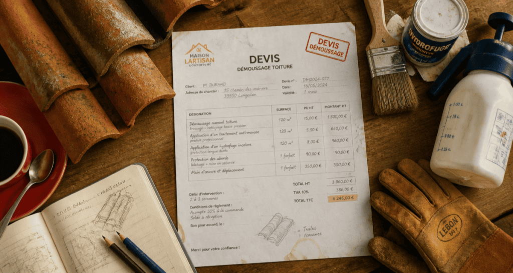 exemple devis démoussage toiture papier sur bureau