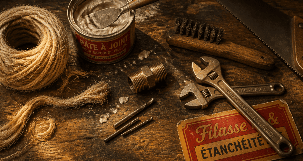 filasse plomberie sur établi avec outils