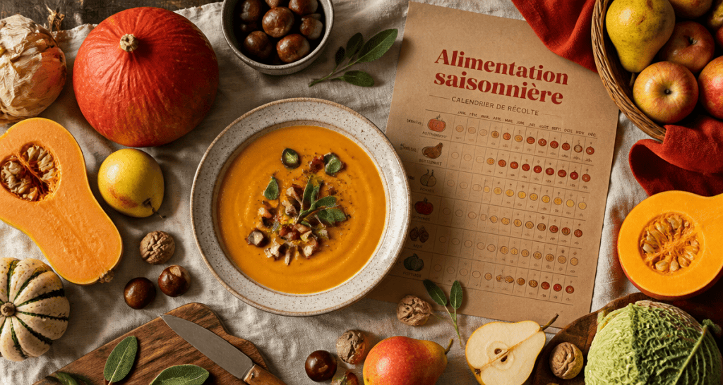 fruit et legume automne sur table avec velouté et calendrier