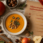 fruit et legume automne sur table avec velouté et calendrier