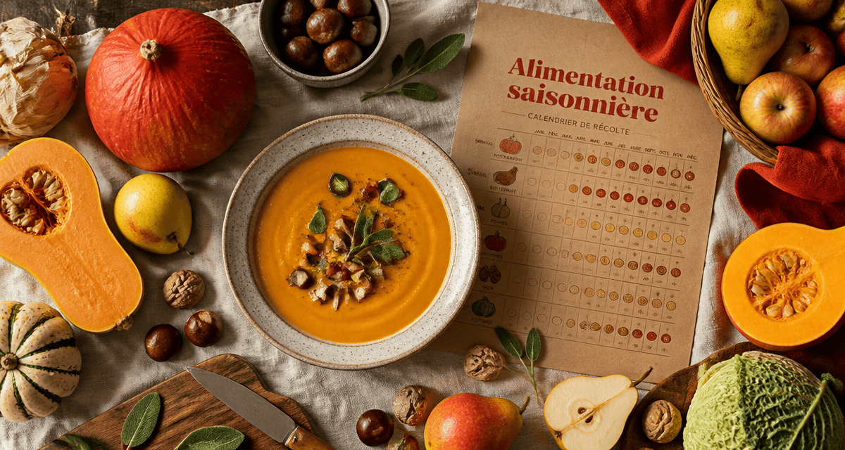 fruit et legume automne sur table avec velouté et calendrier