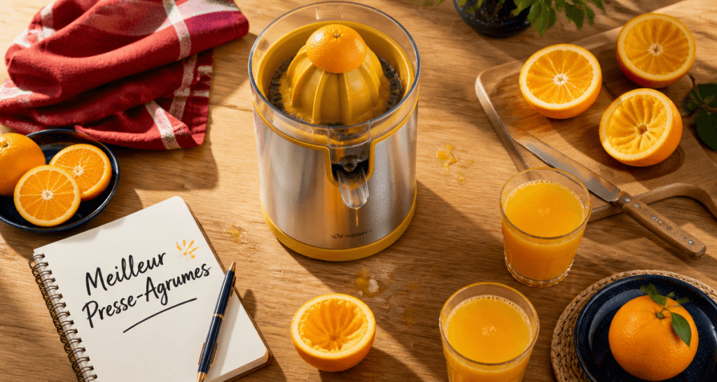 meilleur presse agrumes electrique inox et jaune avec oranges et jus