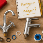 melangeur robinet cuisine sur plan de travail avec outils