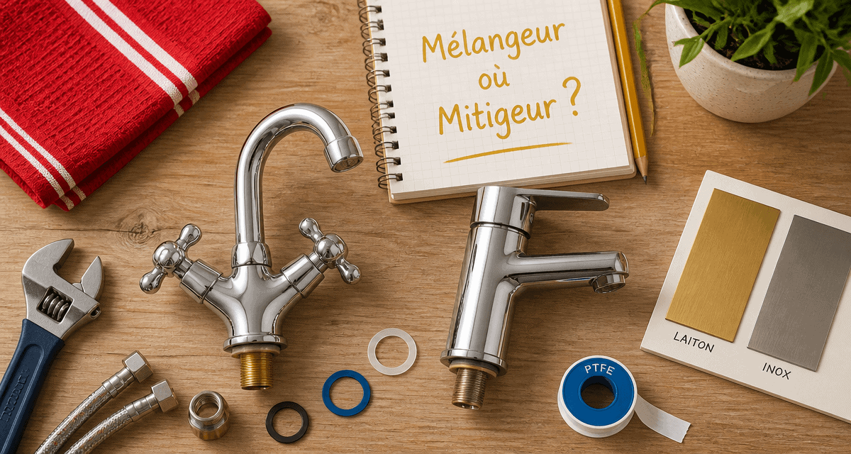 melangeur robinet cuisine sur plan de travail avec outils
