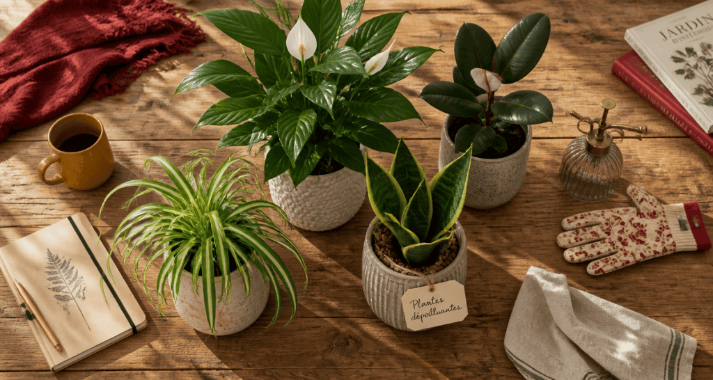 Plantes d'intérieur dépolluante en pots sur table