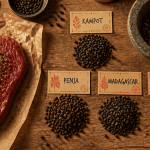Poivre noir en grain de 4 terroirs sur plan de travail