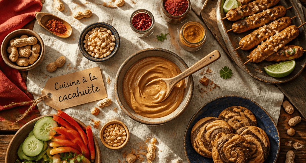 recette au beurre de cacahuete sur table avec plats salés et sucrés