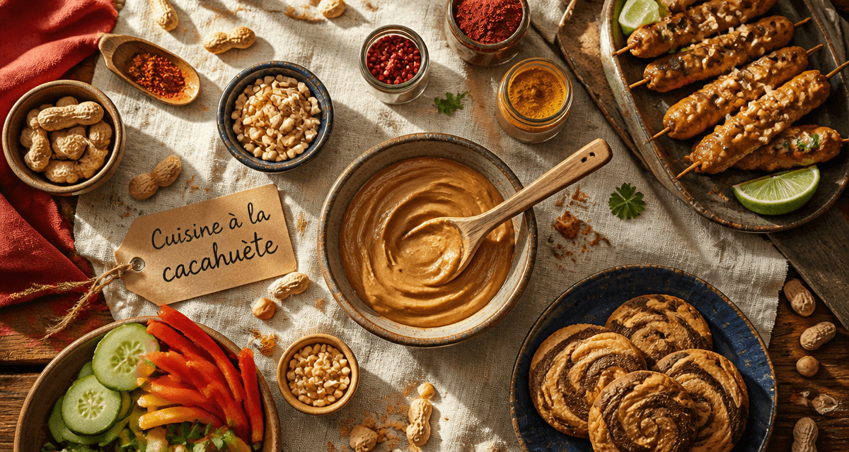 recette au beurre de cacahuete sur table avec plats salés et sucrés