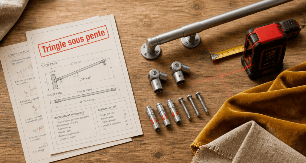 Tringle rideau sous pente et outils sur plan de travail