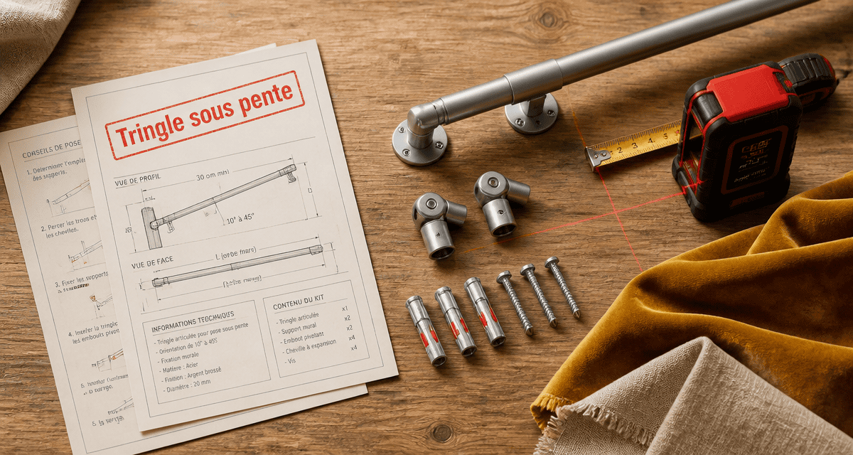 Tringle rideau sous pente et outils sur plan de travail