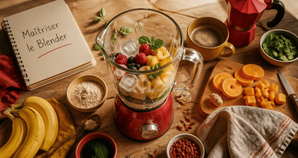 utilisation du blender avec fruits et ingrédients sur plan de travail