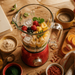 utilisation du blender avec fruits et ingrédients sur plan de travail