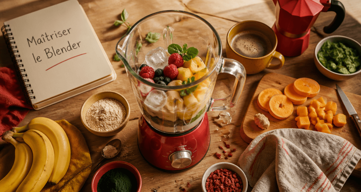 utilisation du blender avec fruits et ingrédients sur plan de travail