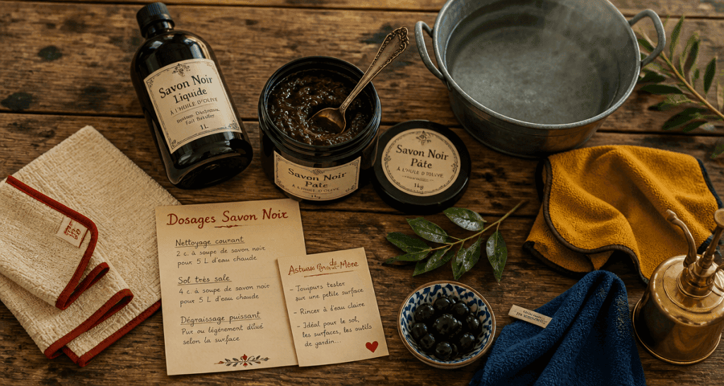 Utilisation du savon noir avec accessoires et dosage